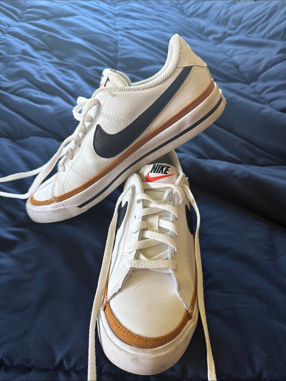 Nike White Leather Low-Top Sneakers with Black Swoosh and Tan Trim